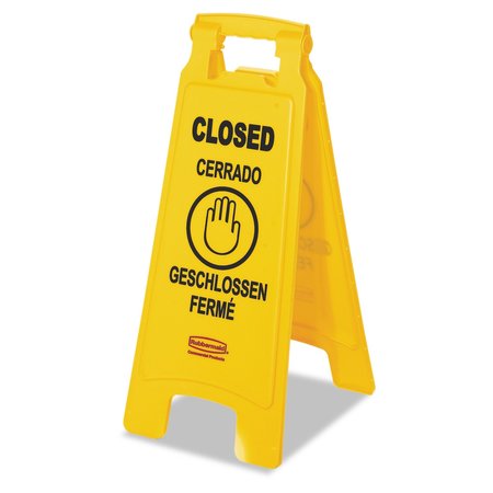 Rubbermaid Commercial Multilingual "Closed" Sign, 2-Sided, Plastic, 11w x 12d x 25h, Yellow FG611278YEL